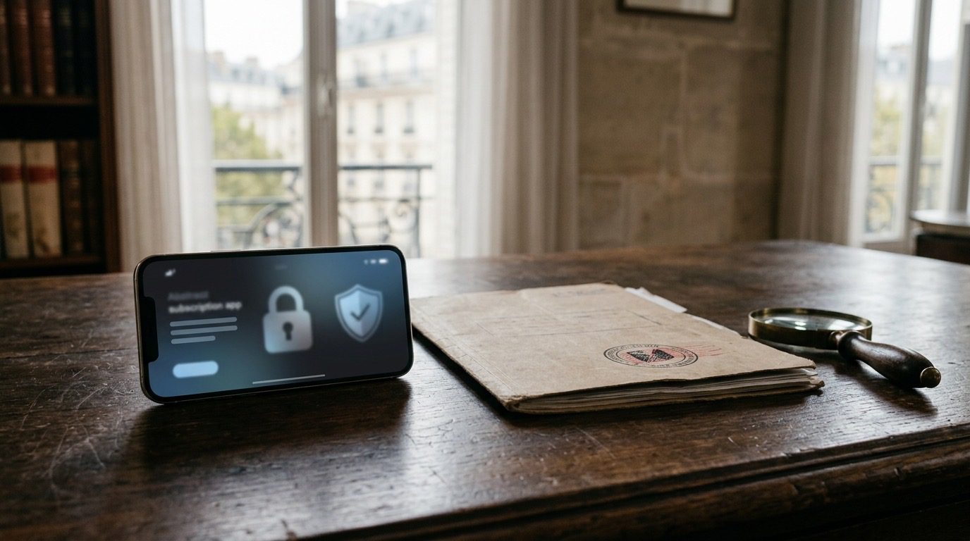 Smartphone mit abstrakter Abo-App und Schloss-Symbol neben Aktenmappe und Lupe auf einem Schreibtisch