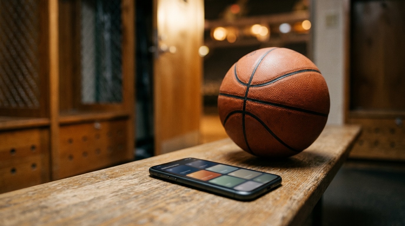 Basketball auf einer Umkleidebank neben einem Smartphone mit einer abstrakten Abo-App, im Hintergrund Hallenlicht