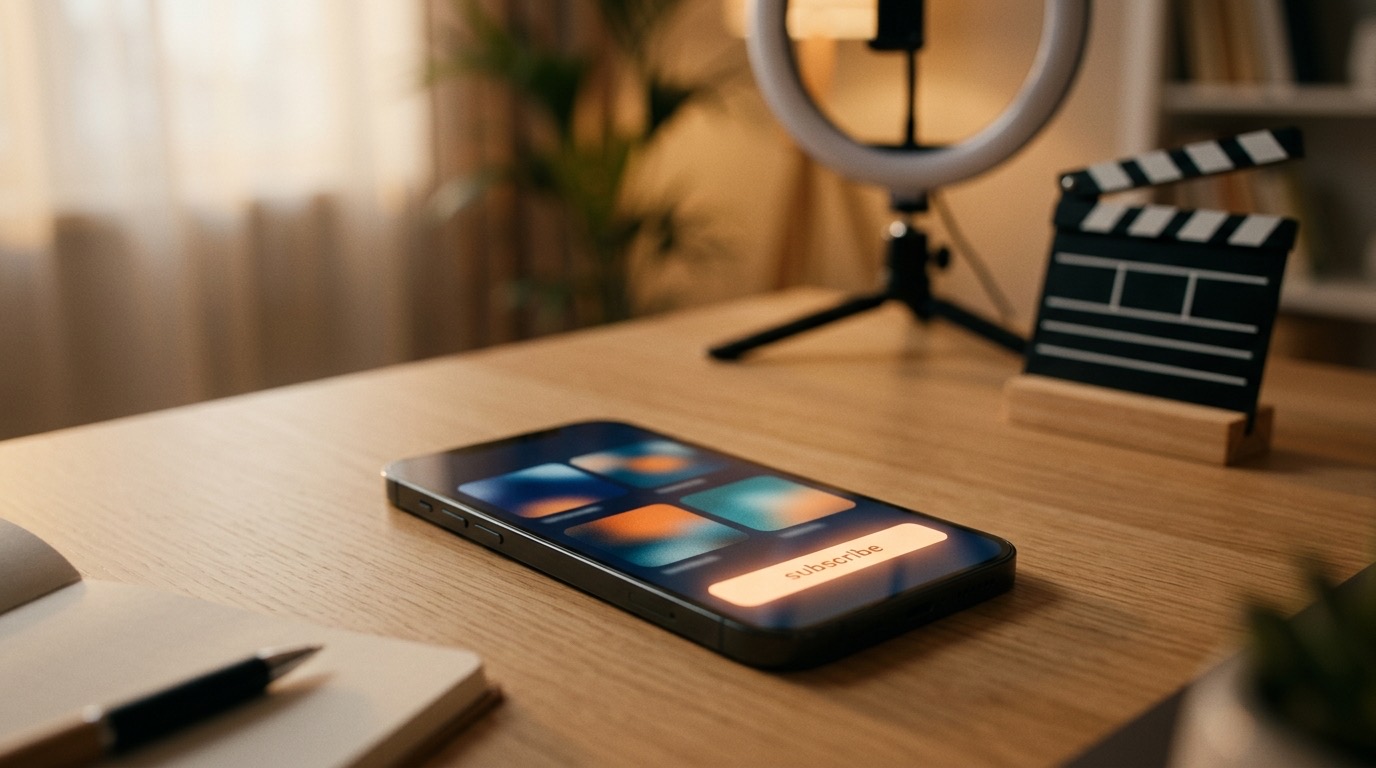 Smartphone mit abstrakter Abo-App auf einem Schreibtisch, im Hintergrund Ringlicht und Filmklappe