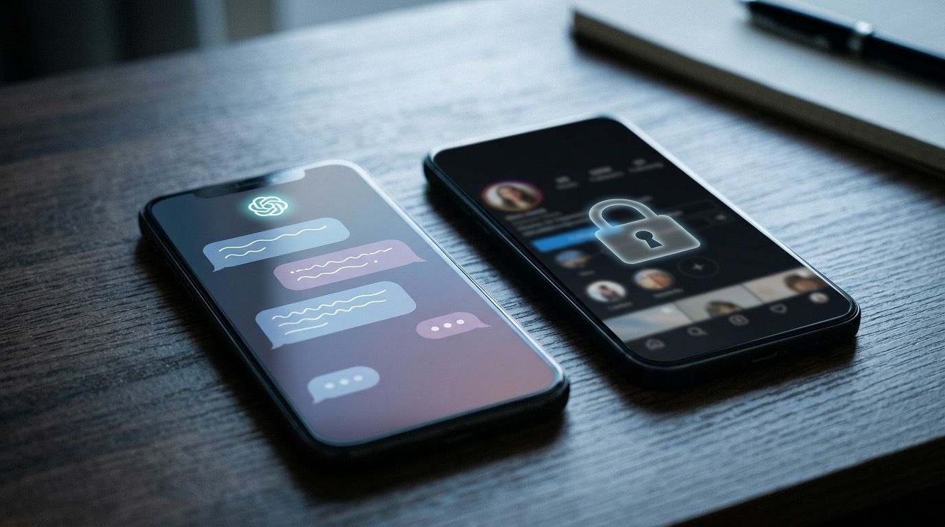 Zwei Smartphones auf einem dunklen Tisch, eines zeigt einen KI-Chat, das andere ein gesperrtes Profil mit Schloss-Symbol