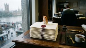 Stapel ungeöffneter Behördenbriefe auf einem Schreibtisch, obenauf eine kleine Hamsterfigur, im Hintergrund ein verregnetes
