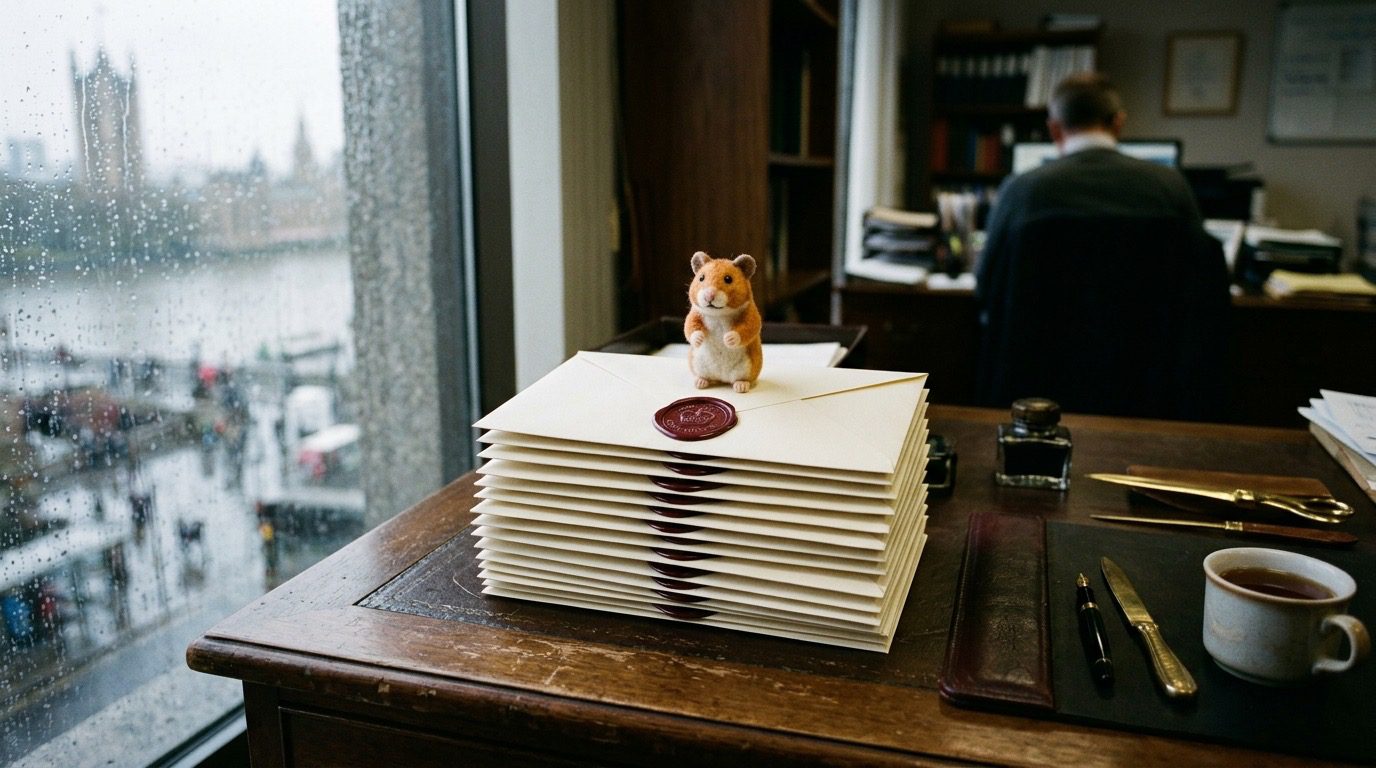 Stapel ungeöffneter Behördenbriefe auf einem Schreibtisch, obenauf eine kleine Hamsterfigur, im Hintergrund ein verregnetes