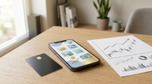 Smartphone mit abstrakter Abo-App neben Bankkarte und ausgedrucktem Börsenchart auf einem Schreibtisch