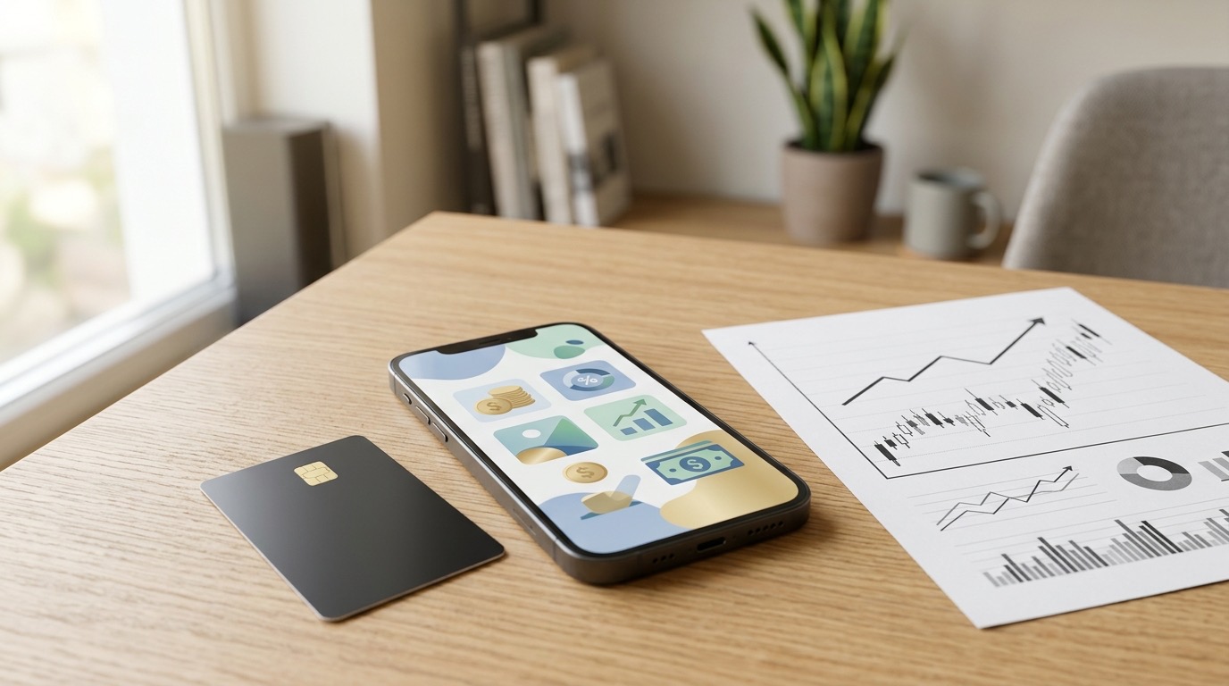 Smartphone mit abstrakter Abo-App neben Bankkarte und ausgedrucktem Börsenchart auf einem Schreibtisch