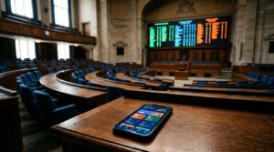 Leerer Parlamentssaal mit Abstimmungstafel, im Vordergrund ein Smartphone mit abstrakter Abo-App auf einem Holztisch