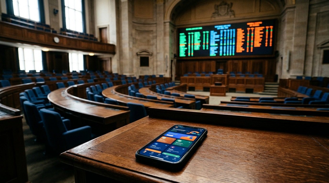 Leerer Parlamentssaal mit Abstimmungstafel, im Vordergrund ein Smartphone mit abstrakter Abo-App auf einem Holztisch