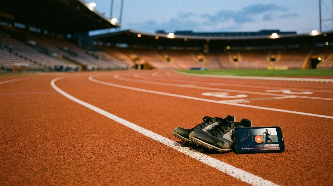 Spikes und ein Smartphone mit abstraktem Fitnessvideo liegen in der Abenddämmerung auf einer leeren Laufbahn.
