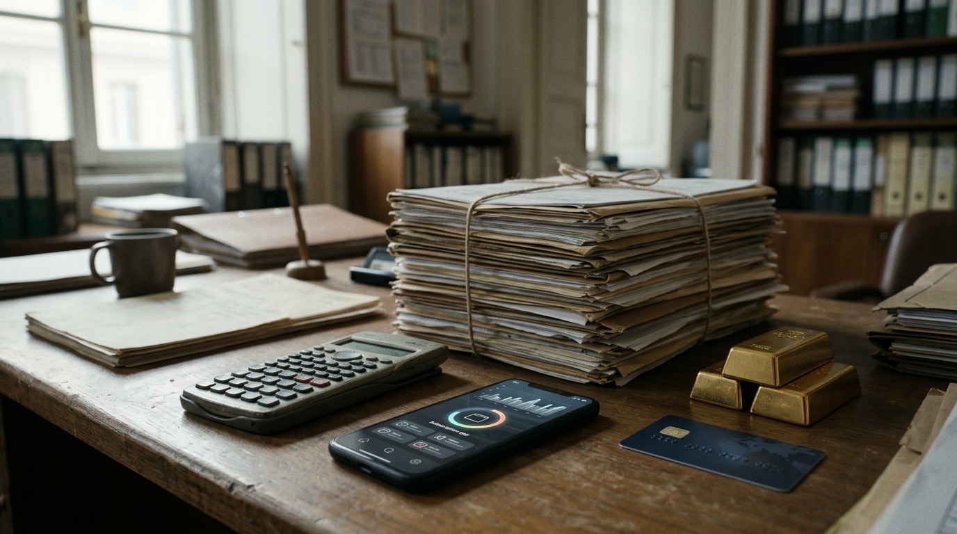 Schreibtisch mit Finanzunterlagen, Taschenrechner, Smartphone mit Abo-App, Bankkarte und kleinen Goldbarren