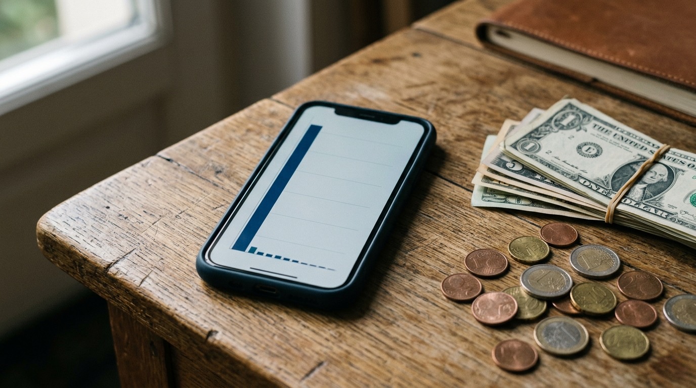 Smartphone mit Balkendiagramm aus einem hohen und vielen kleinen Balken, daneben Münzen und Dollarscheine auf einem Holztisch