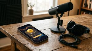 Smartphone mit abstrakter Audio-App und Abo-Karte auf einem Schreibtisch neben Podcast-Mikrofon und Kopfhörern