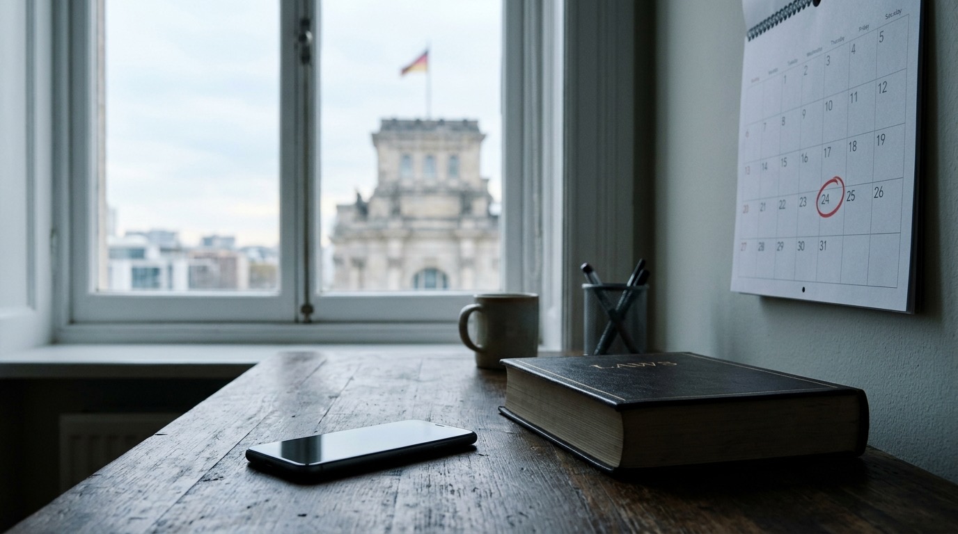 Smartphone neben einem Gesetzbuch und einem Kalender mit rot markiertem Datum, im Hintergrund ein Regierungsgebäude