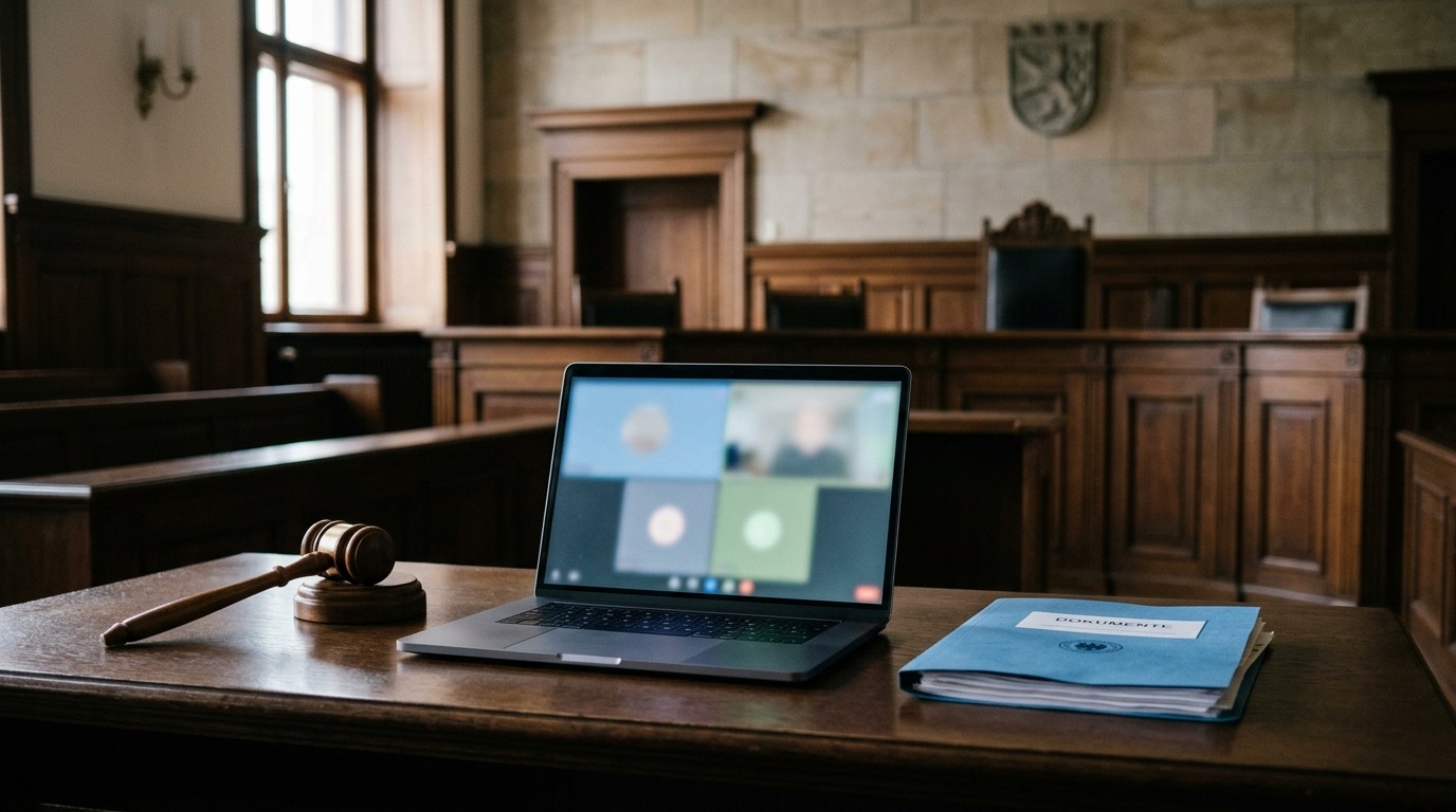 Richterhammer auf einem Schreibtisch neben einem Laptop mit unscharfer Streaming-Oberfläche und einer blauen Aktenmappe